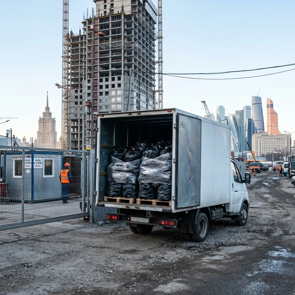 Грузовик доставляет мешки для строительного мусора на объект в Москве